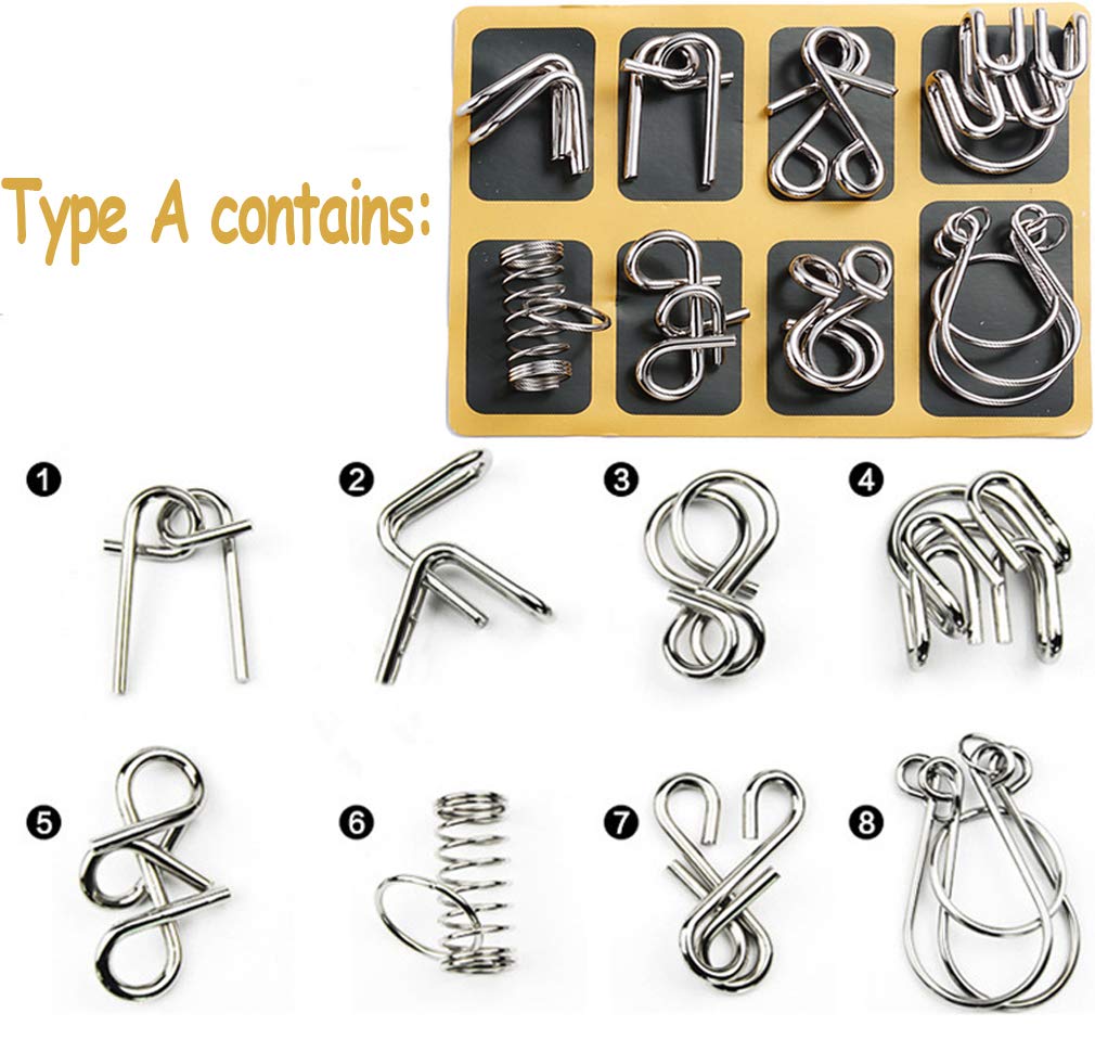 TANCH 16 PCS Type A+B Different Brain Teaser Metal Wire Puzzles IQ Challenge Magic Trick Unlinking & Linking Game Toys for Kids and Adults
