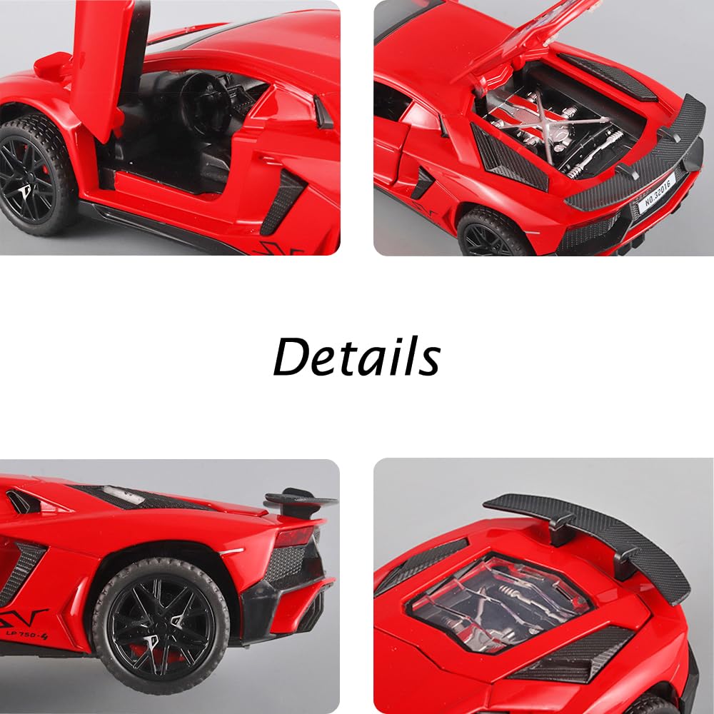 iLooboo Toy Car Model Red Aventador Pull Back Vehicles Diecast with Light & Sound