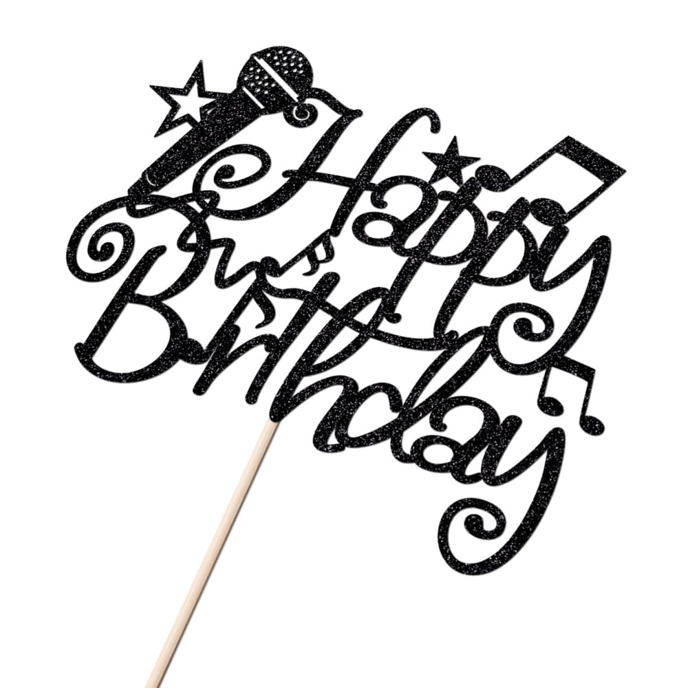 Naicaek Black Glitter Microphone Happy Birthday Cake Topper