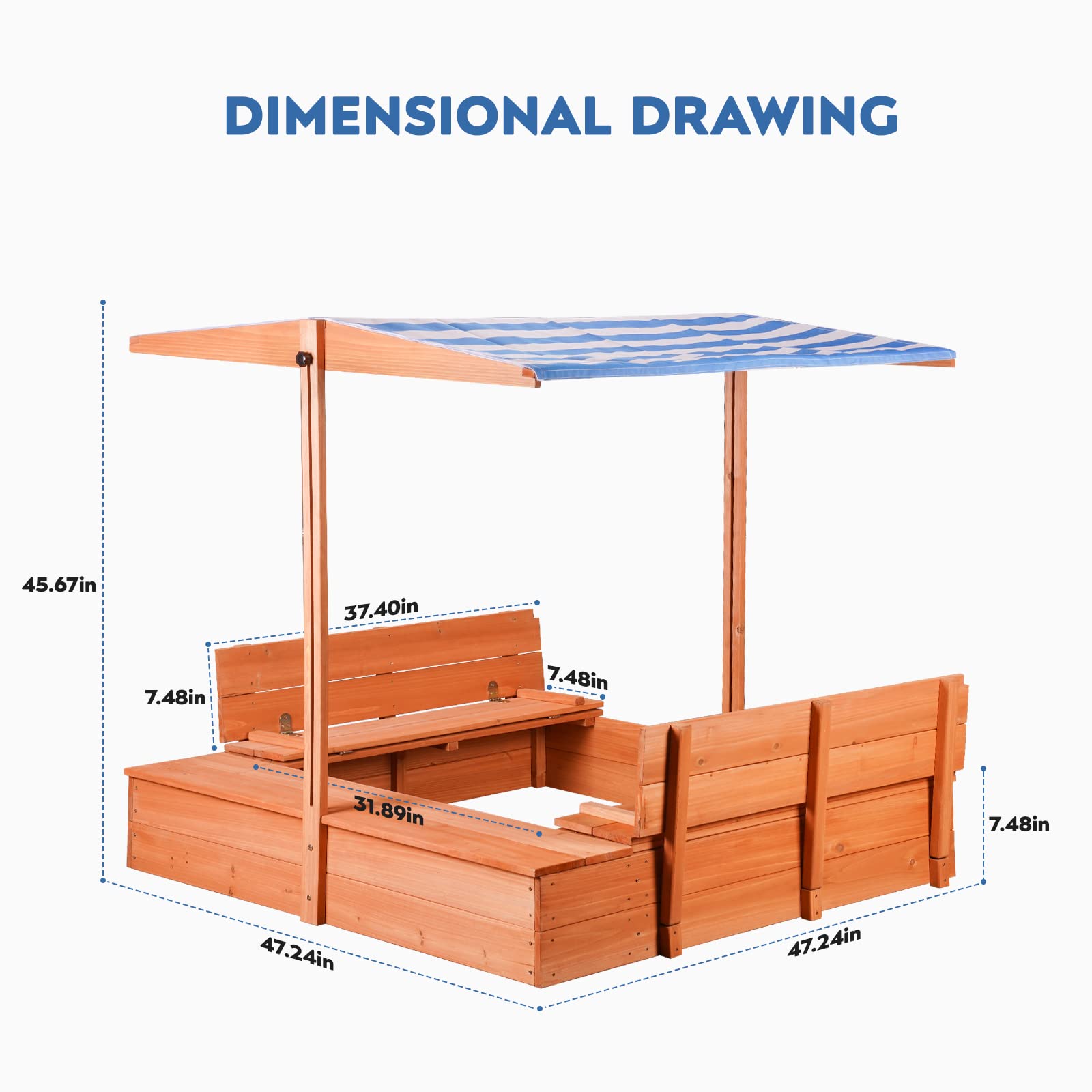 Kids' Outdoor Wooden Sandbox with Id,Sand Box with Toy Storage Box,Kids Play Equipment Sand Protection Bottom Liner Included 47X47in.