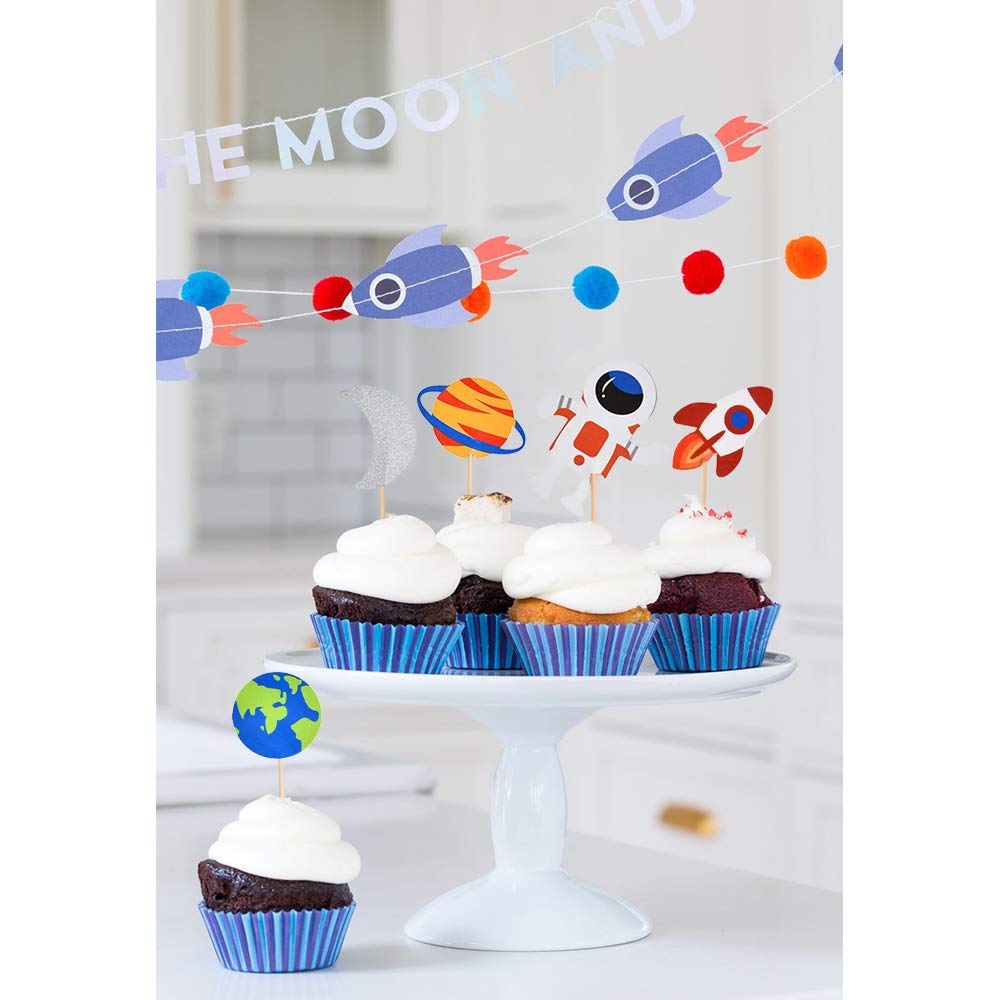 BCHOCKS 30pcs Outer Space Cupcake Toppers, Planet Party Supplies - Birthday Decorations, Rocket, Astronaut, Spaceship Themed Kids Children Party
