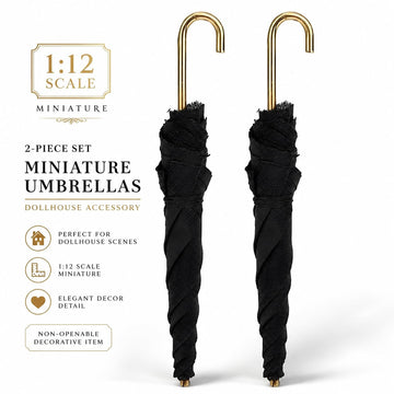2Pcs Miniature Umbrellas, 1:12 Scale, Black Cloth, Mini Furniture Decorative Accessories, Dollhouse Umbrella