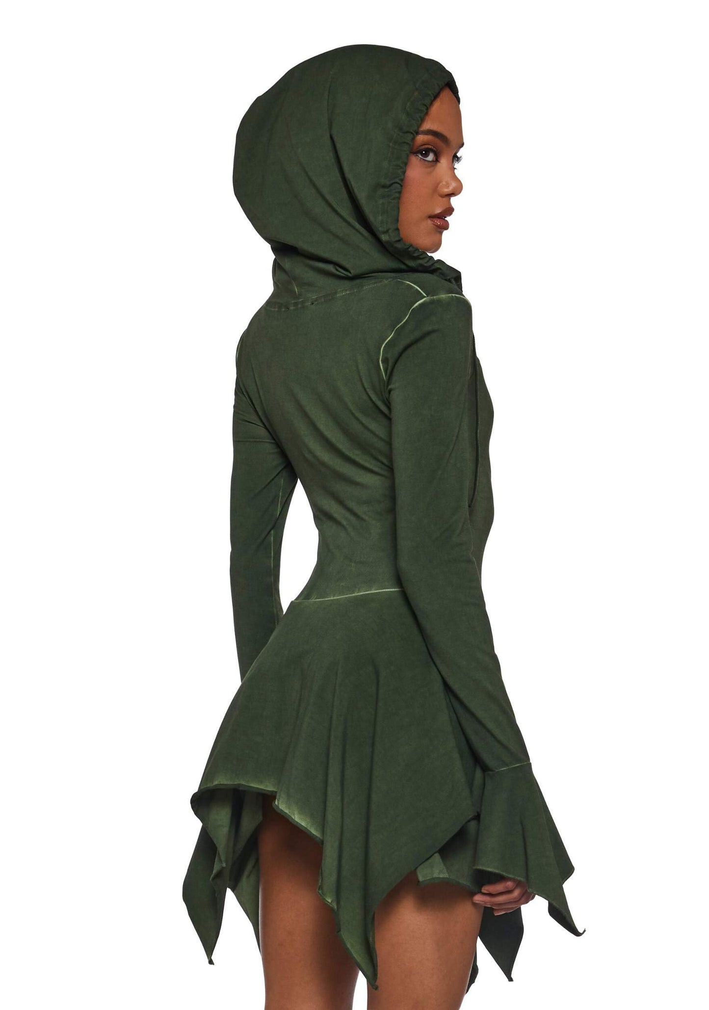 Dolls Kill F is for Fairies Hooded Mini Dress by Current Mood - Fabric Dress with Hoodie for Fairycore Fashion - Green, Large