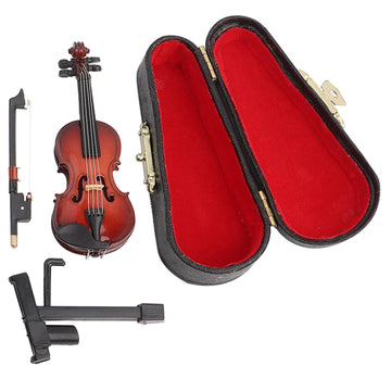 Mini Violin, Wooden Miniature Violin Model with Bow Stand Case Dollhouse Accessories for Home Office Decor Birthday Christmas Gift