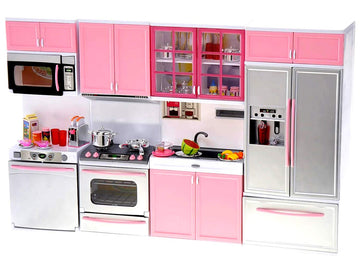PowerTRC Doll Kitchen Play Set, Mini Modern Toy Pink Kitchen Pretend Play Furnitures Toy Set Accessories Set with Realistic Light & Sound for Kids