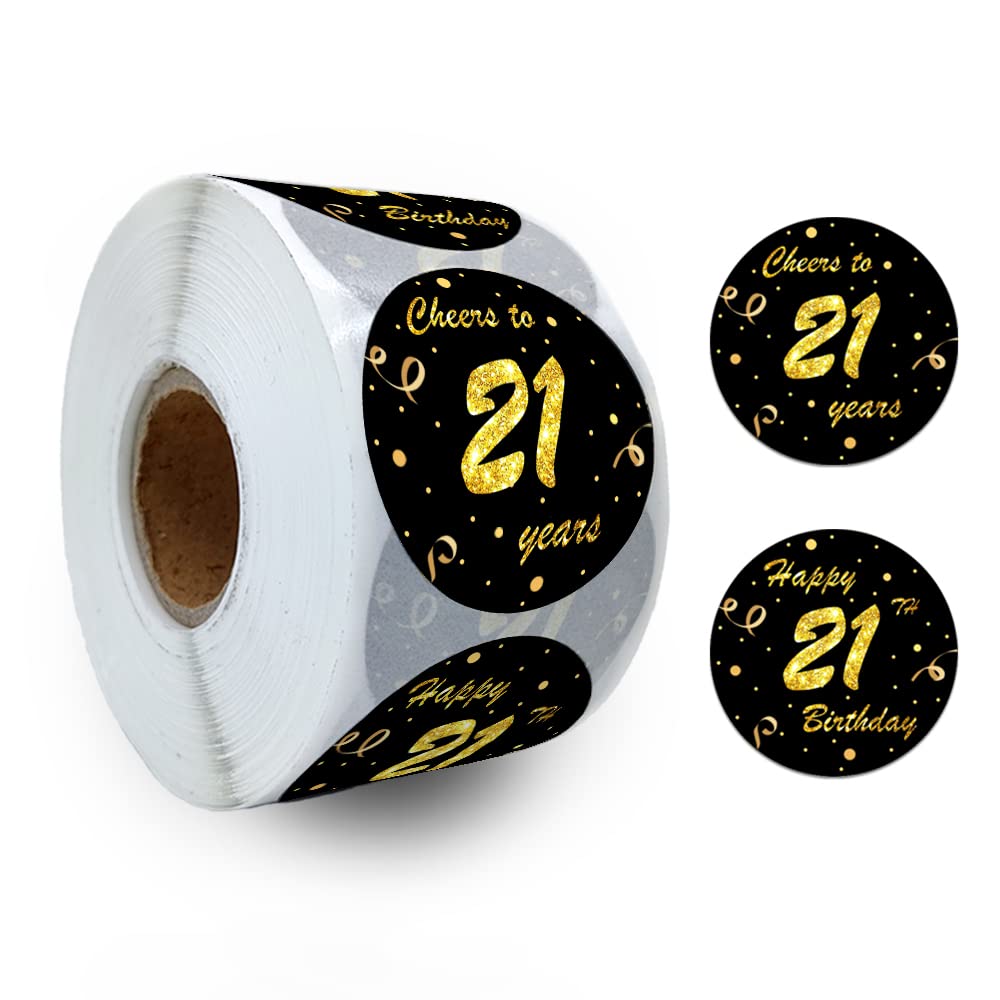 REWIDPARTY Black Gold 21st Birthday Stickers - Cheers to 21 Years, Anniversary Party Decorations - Adhesive Stickers (500 Per Roll)