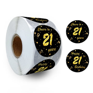 REWIDPARTY Black Gold 21st Birthday Stickers - Cheers to 21 Years, Anniversary Party Decorations - Adhesive Stickers (500 Per Roll)