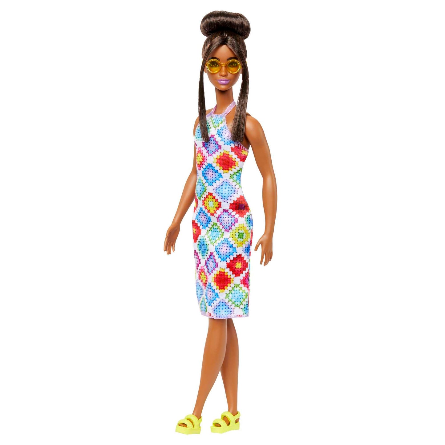 Barbie Fashionistas Doll #210 with Brunette Hair in Bun Wearing Removable Colorful Crochet Halter Dress, Sunglasses & Sandals