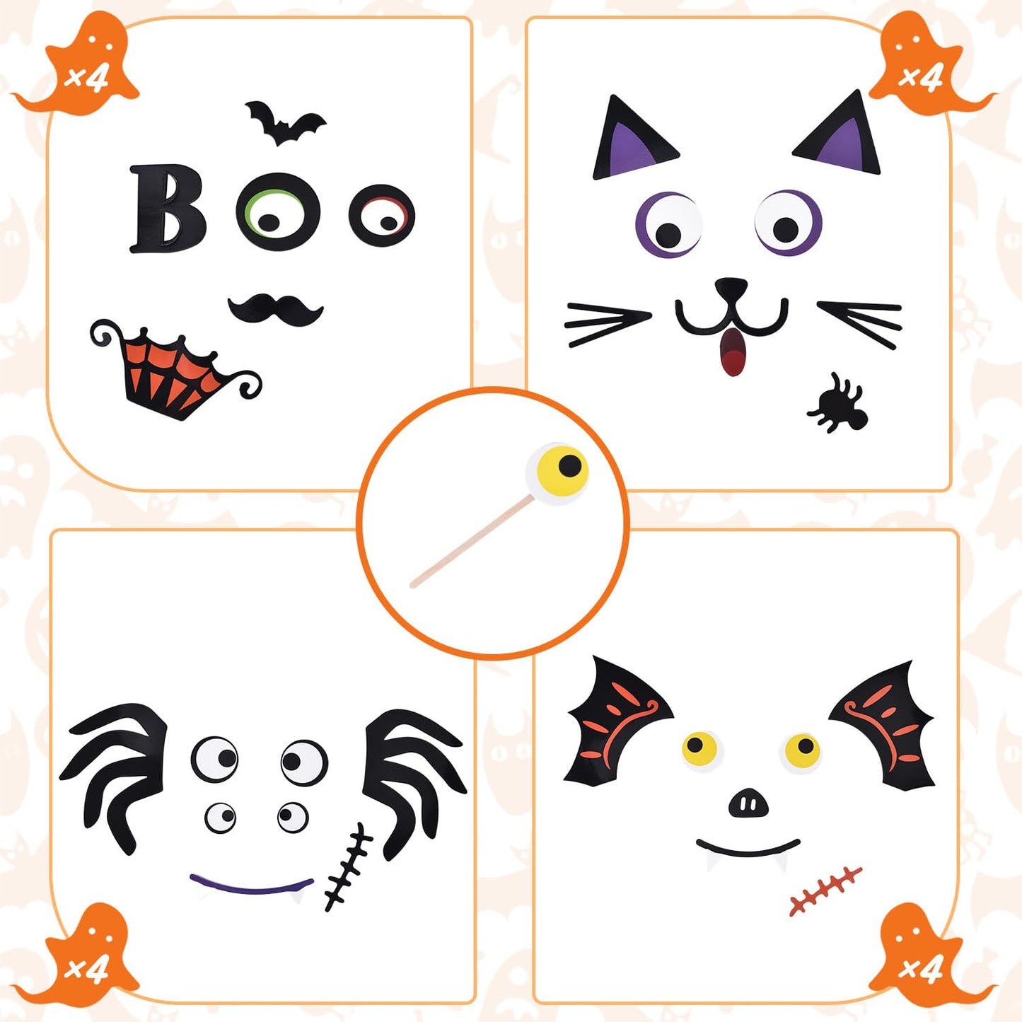 16 Packs Foam Pumpkin Decorating Kit - Pumpkin Foam Stickers for Decorating - 4 Style Holiday Decor Kits for Kids Cat, Bat, Spider Craft Stickers