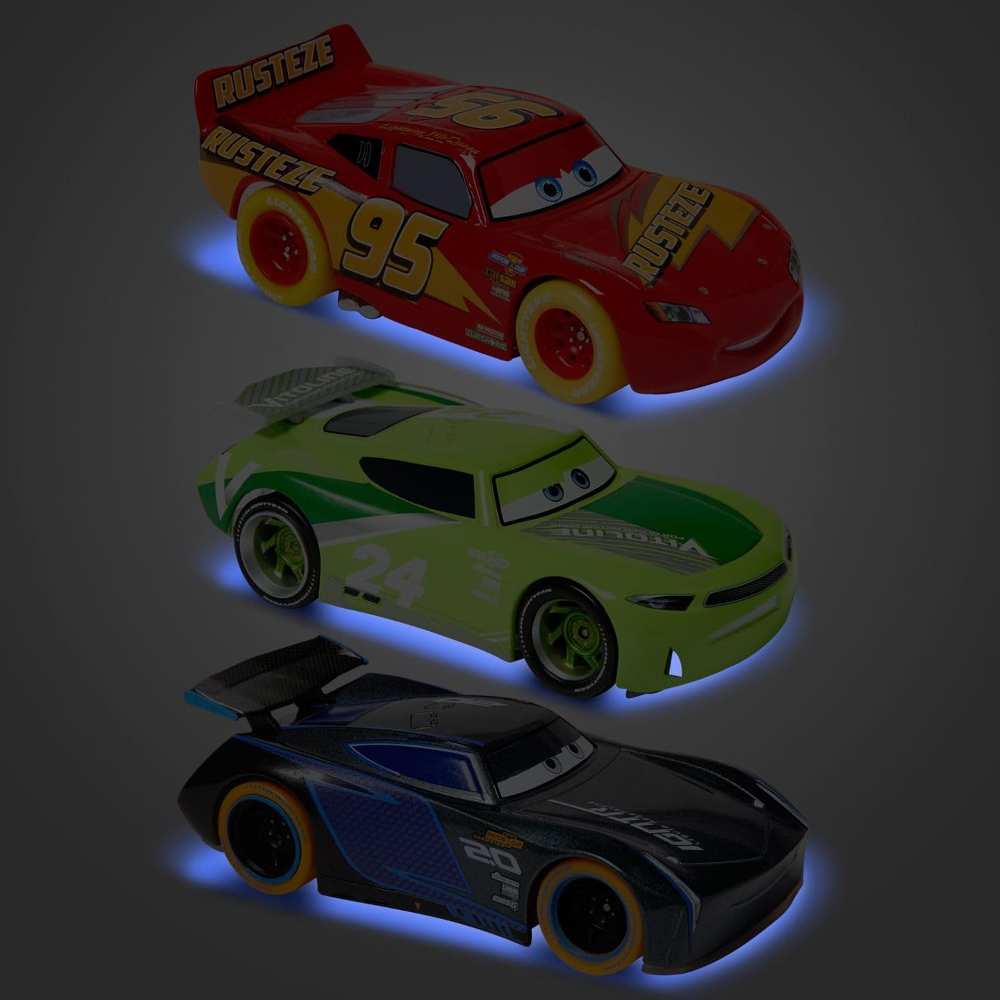 Disney Store Official Cars Light-Up Pullback Die Cast Set - Featuring Lightning McQueen, Jackson Storm, Chase Racelott - Neon Lights Set with Light-Up