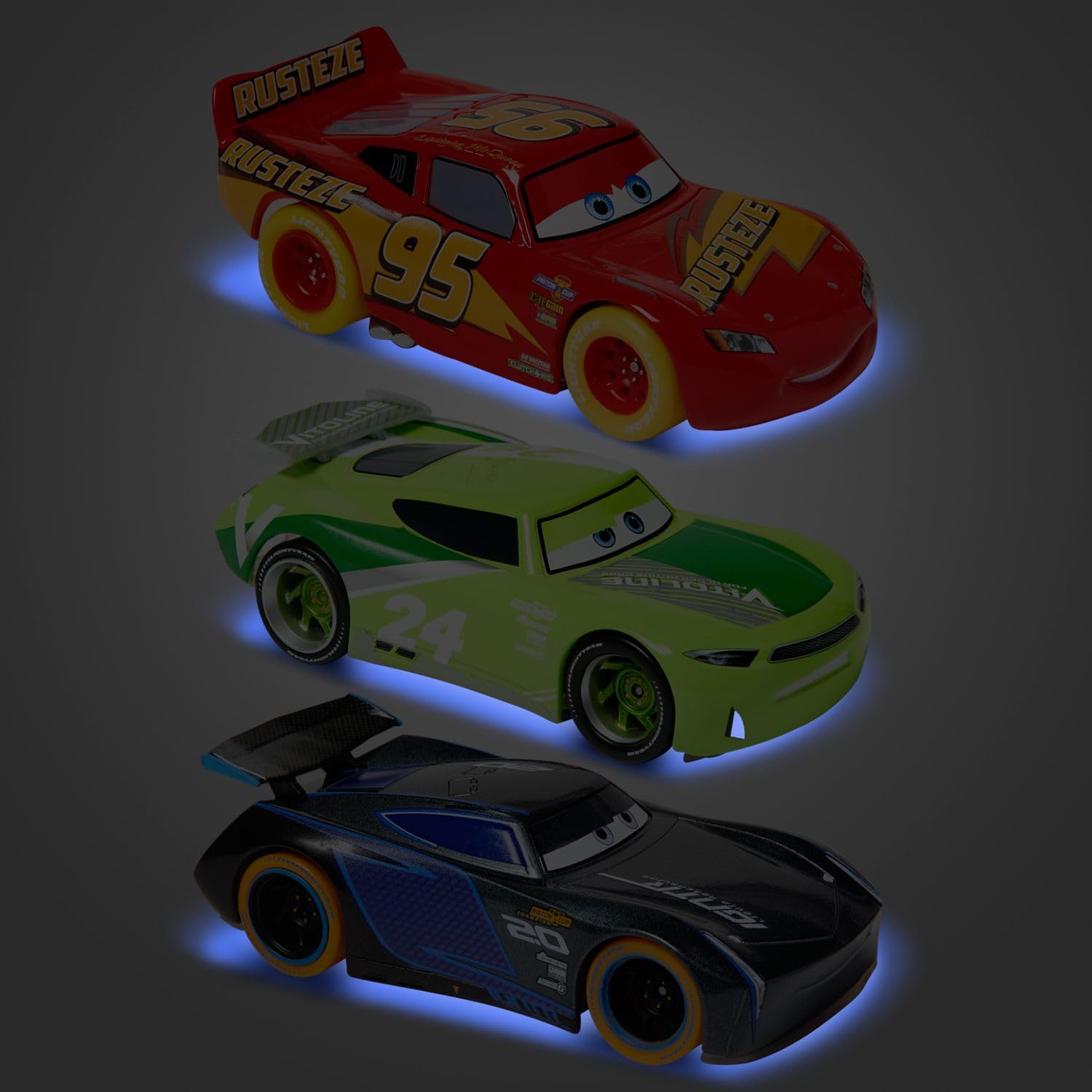 Disney Store Official Cars Light-Up Pullback Die Cast Set - Featuring Lightning McQueen, Jackson Storm, Chase Racelott - Neon Lights Set with Light-Up