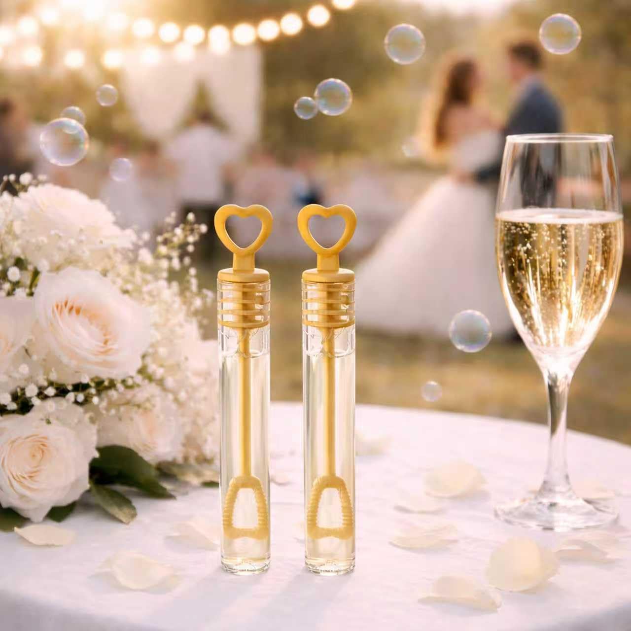 GIFTEXPRESS Bubble Wands Party Favors - 96 Pack Mini 4.25" Tall Gold Color Heart Bubble Sticks - 0.2 Fl Oz / 5 mL Tube of Non Toxic Bubbles Solution