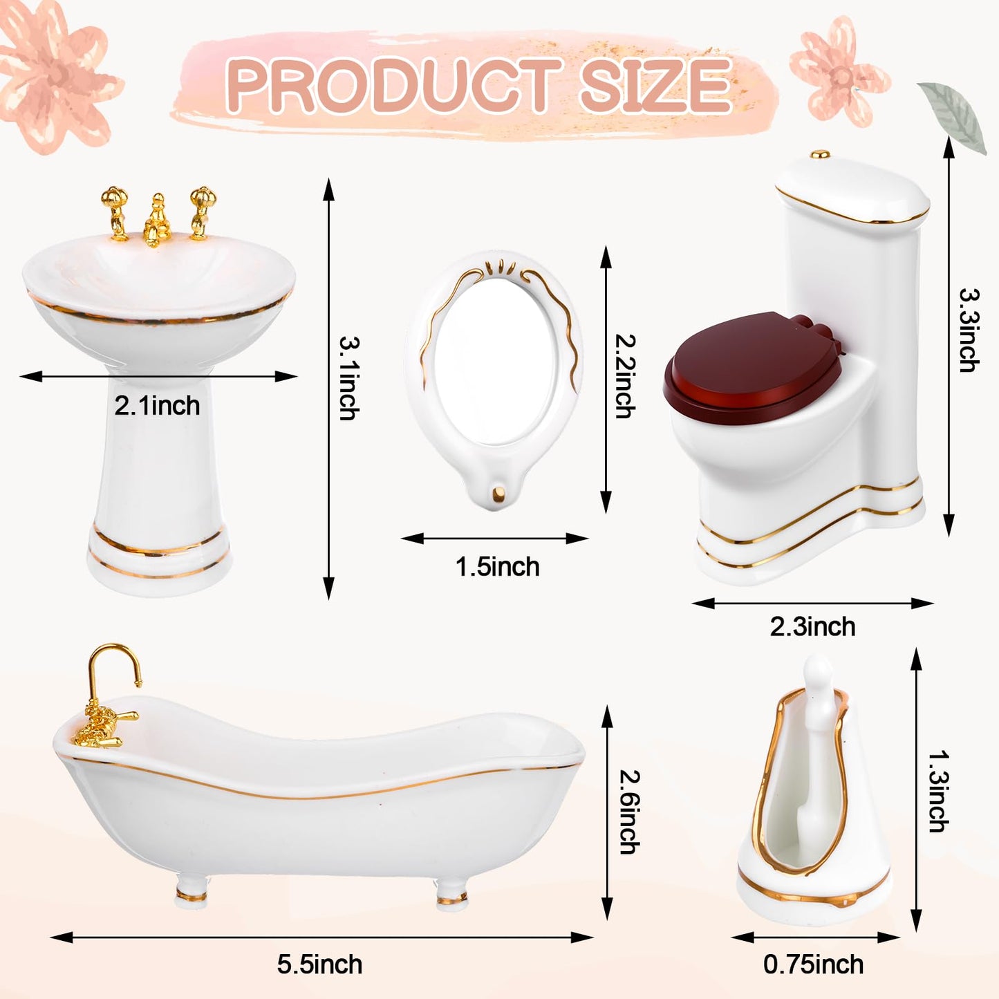 HCEWSBFD 1:12 Dollhouse Miniature Porcelain Bathroom Set 5Pcs White Ceramic Toilet Basin Bathtub Mirror Miniature Furniture with 15Pcs Doll