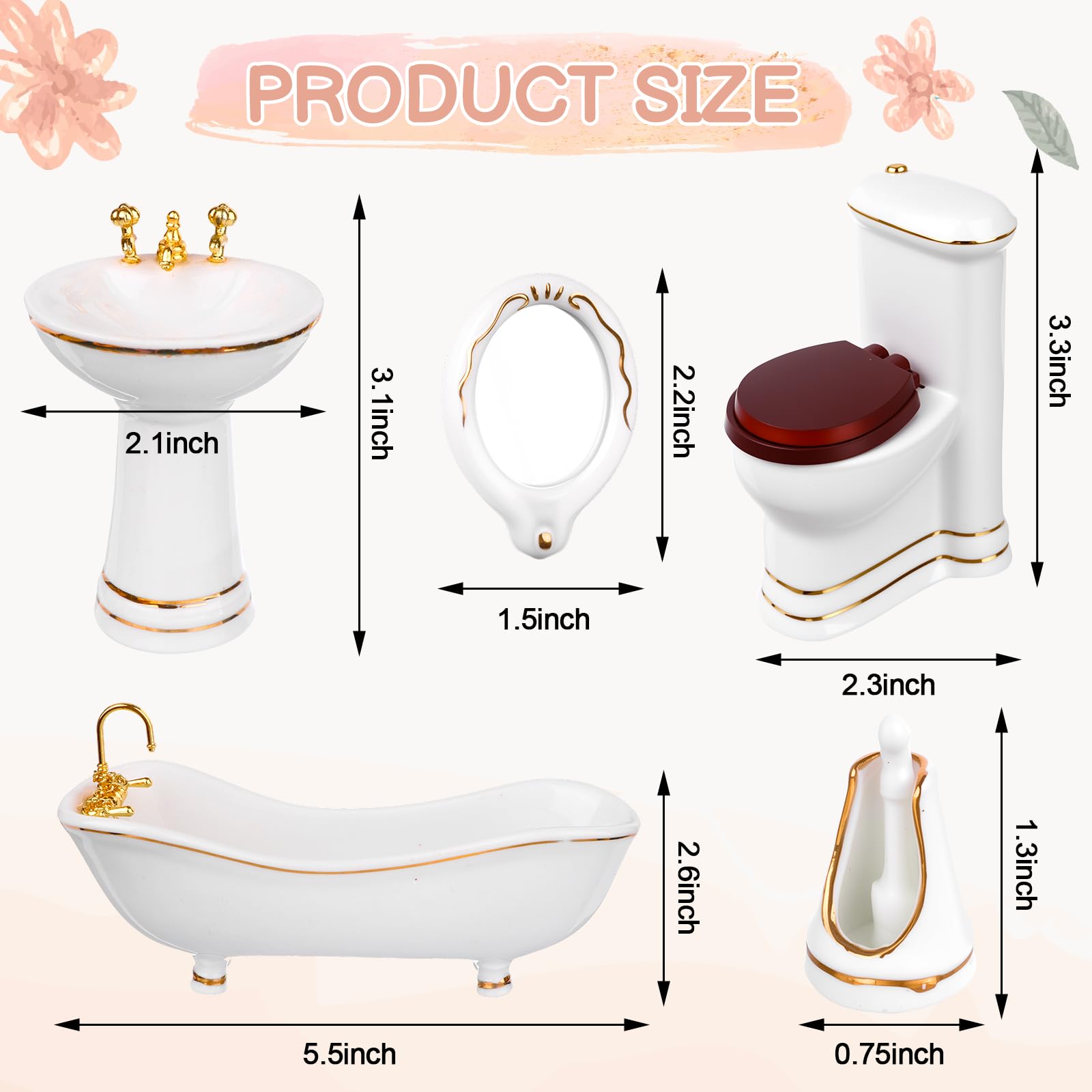 HCEWSBFD 1:12 Dollhouse Miniature Porcelain Bathroom Set 5Pcs White Ceramic Toilet Basin Bathtub Mirror Miniature Furniture with 15Pcs Doll