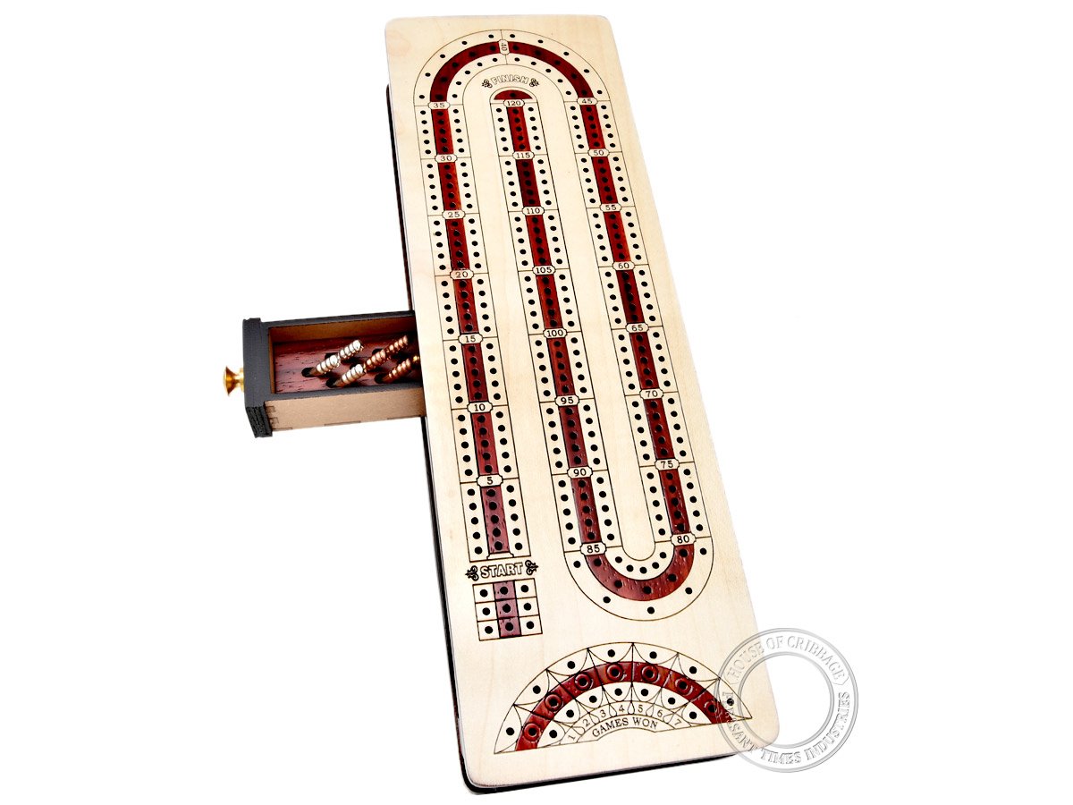 House of Cribbage - 3 Track - Continuous Cribbage Board Alphabet e Shape Inlaid in Maple Wood/Bloodwood : Size - 12.5" x 4" - Separate Storage Space