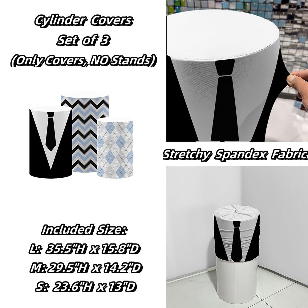 ittsmnt Cylinder Covers Set of 3 Pieces Black Stripes Bow Tie Pedestal Plinth Stand Covers Boys Baby Shower Birthday Party Tablecloth Decorations (Set