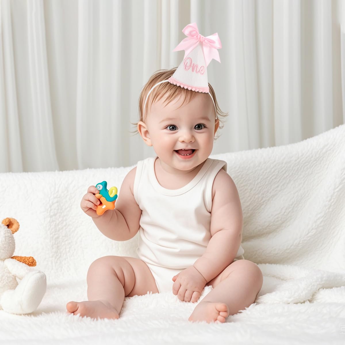 Kaniwati Pink Bow 1st Birthday Hat, Bow Girl 1st Birthday Hat, Pink Themed Decoration, Baby Girl Party Hat, Cake Smash Outfit(CXMZ-ONE-HDJ)