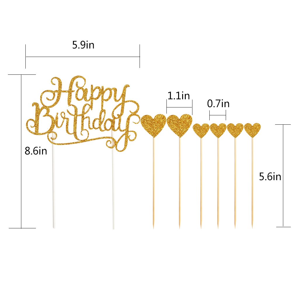 PALASASA Gold Glitter Happy Birthday Cake Toppers 7Pcs Heart Party Decor