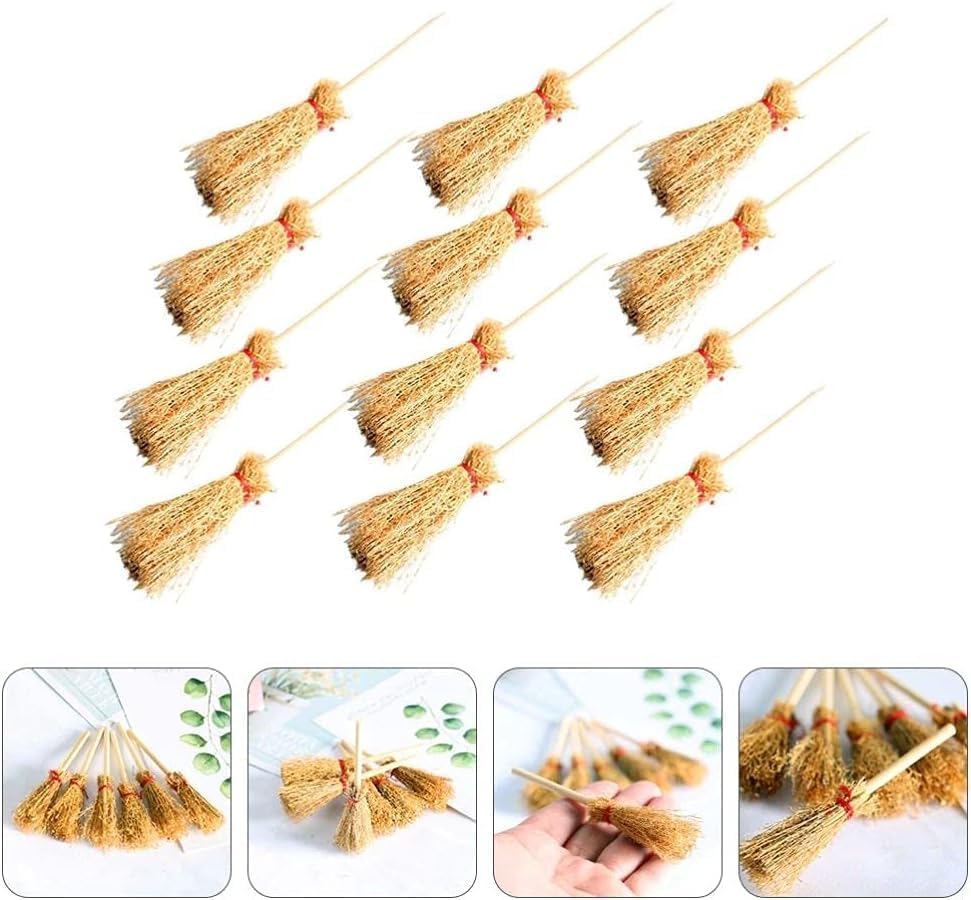 5Pcs Miniature Brooms with Straw Broomsticks - 1:12 Scale Dollhouse Accessories for Halloween Party Decor, Handmade Style Witch Broomstick Cosplay