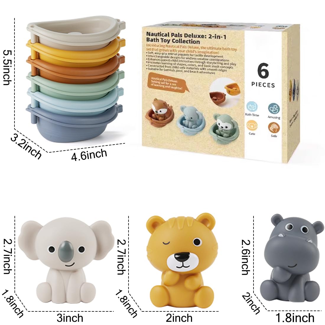 Auvitaya Baby Bath Toy Stackable Infant Bathtub Toys Stacking Floating Boat Train with Animal Finger Puppets Bath Toy Silicone Hand Puppet Educational