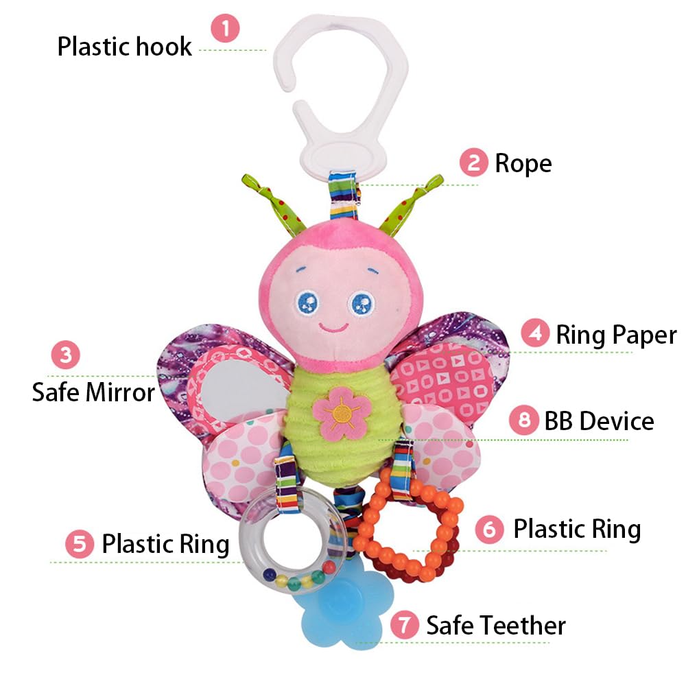 D-KINGCHY Baby Car Seat Stroller Plush Hanging Rattle Toys Newborn Crib Bed Around Toy with Teether Rattle Sound for 0-3 Years Old (Butterfly)