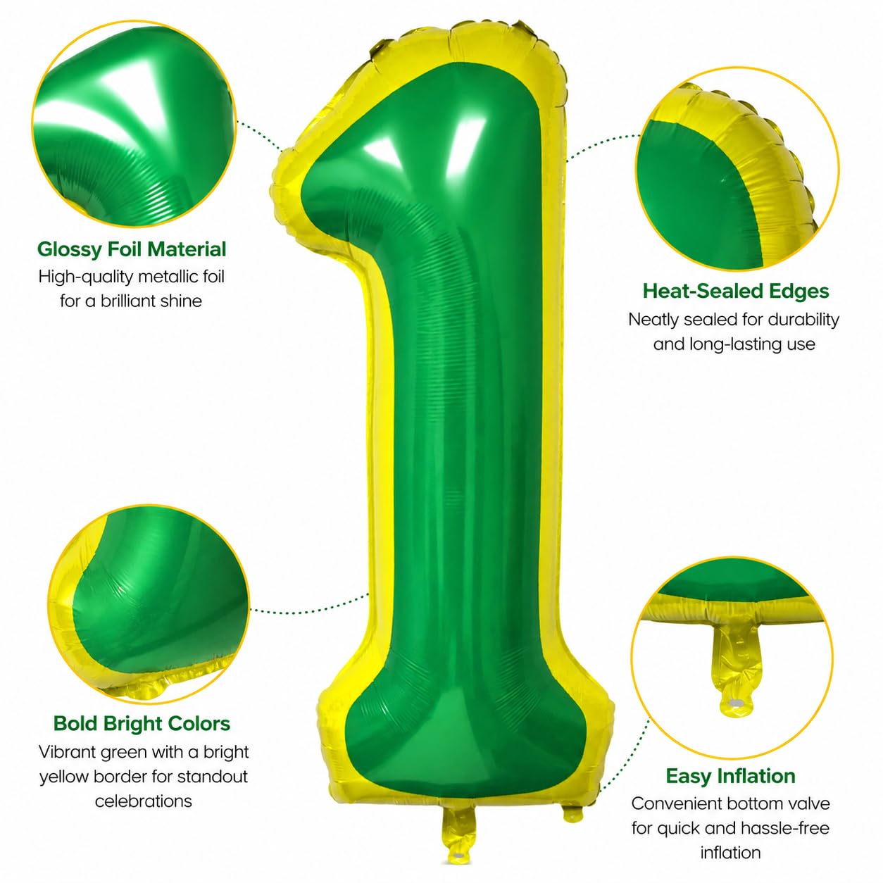 40 Inch Street Number 1 Foil Balloon, Green & Yellow Themed Giant Balloon for Kids Boys Girls 1st Birthday Party Decorations (Number 1)