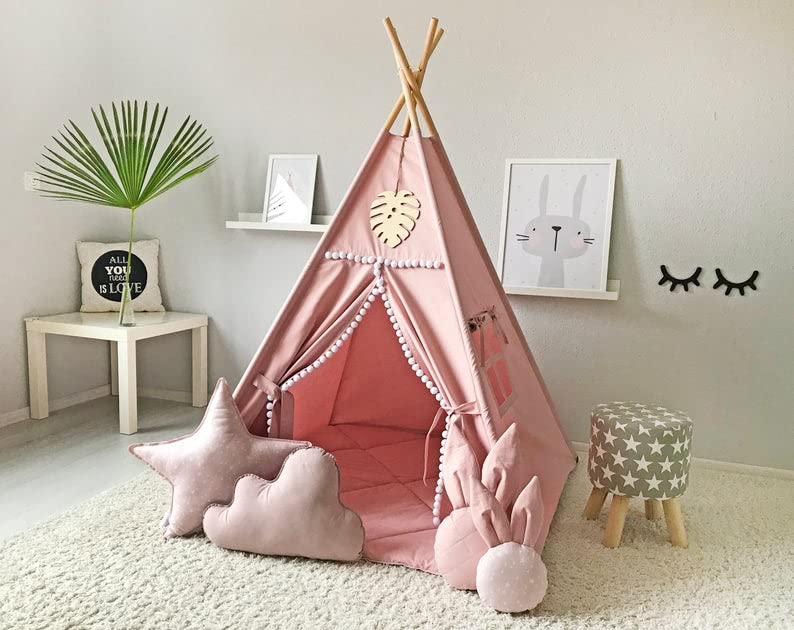 RONGFA Kids Teepee Tent with White Pom Pom - Indoor Play Teepee for Children Boys Portable Play House (Pink)