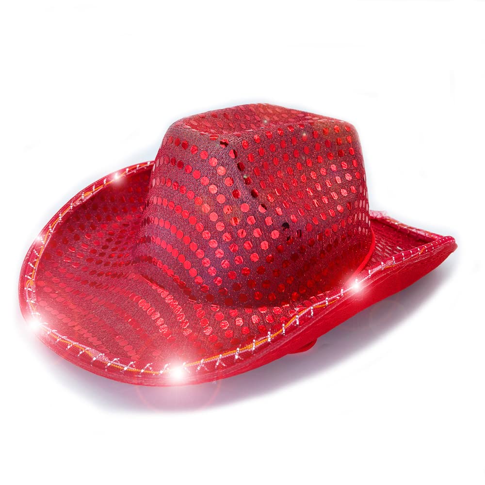 YADIRF Led Hat Cowboy Sequin Party Cap Flashing Light Up Dance Party Cowboy For Halloween Costume Cosplay Holiday (Red)