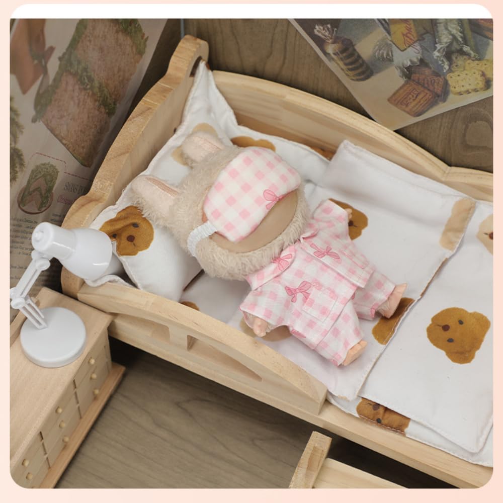 Clothes for Labubu Soft Cotton Cute Pajama Design 3-Piece Set,Plaid Top,Pants & Eye Mask,Perfect for 17cm Dolls(No Doll) (Pink)