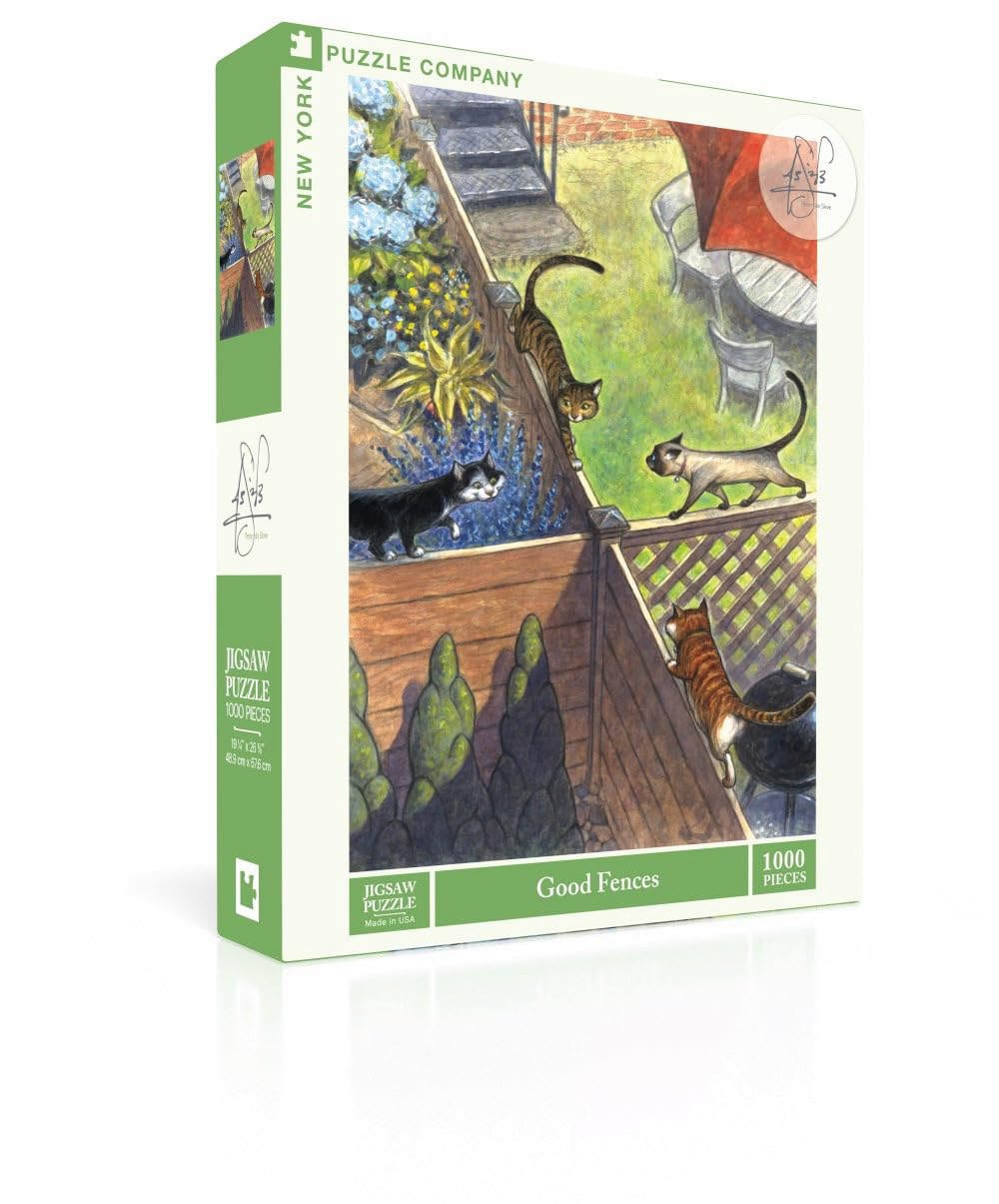 New York Puzzle Company - Peter de Sève Good Fences - 1000 Cat Piece Jigsaw Puzzle by Peter de Sève