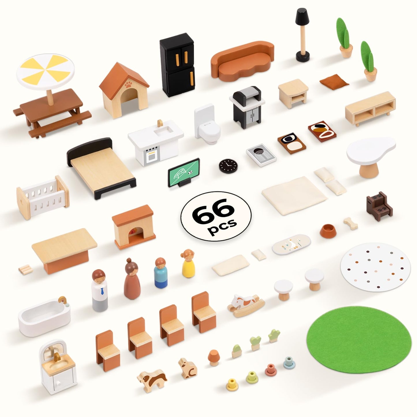 OOOK Wooden Dollhouse, Modern Doll House with 66Pcs Luxurious Furniture Accessories, Including Dolls and Pet Sets, Wood Dollhouse Toy for Boys