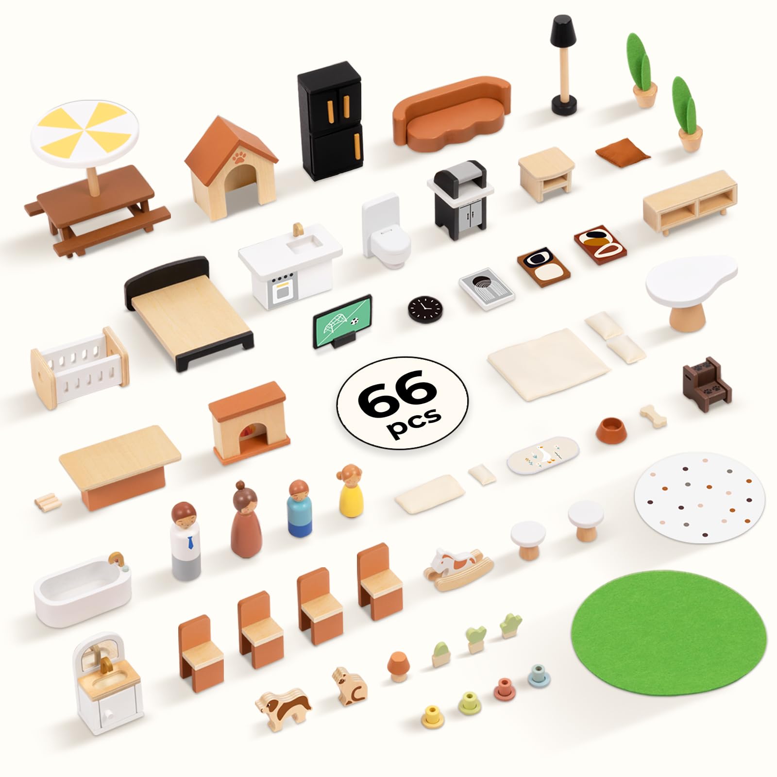 OOOK Wooden Dollhouse, Modern Doll House with 66Pcs Luxurious Furniture Accessories, Including Dolls and Pet Sets, Wood Dollhouse Toy for Boys