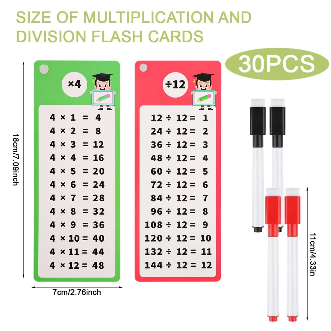 30 Pcs Multiplication and Division Flash Cards with 4 Dry Erase Pens 2 Rings Educational Time Table Cards Set Math Chart Games for 1st to 3rd Grades