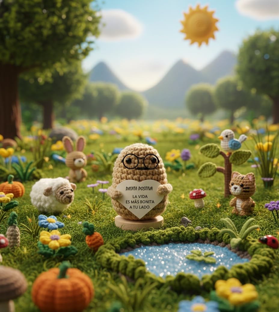 Famylux Positive Potato Doll - Handcrafted Crochet Doll with Heartfelt Message - Motivational Gift for Office and Home - Emotional Support - Light
