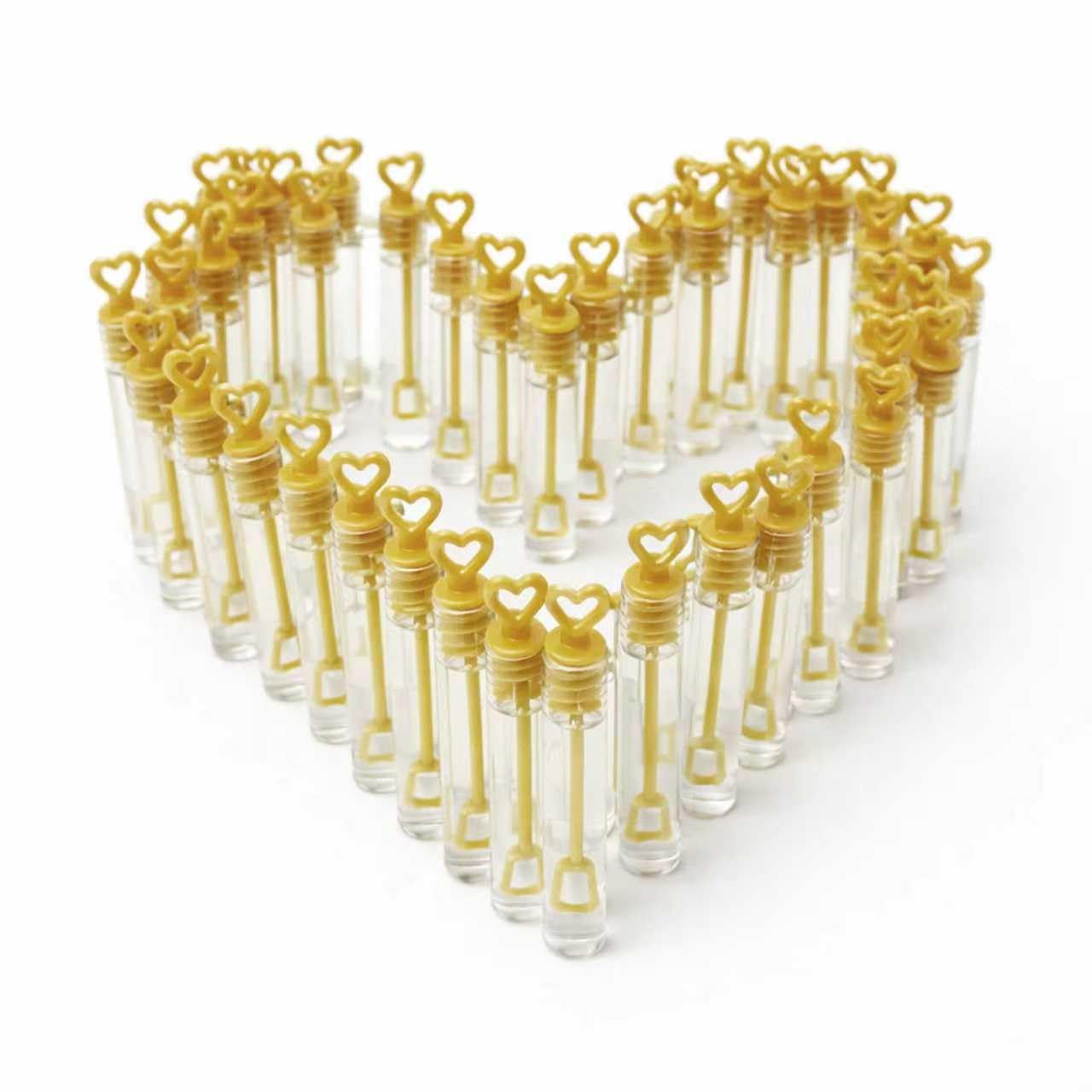 GIFTEXPRESS Bubble Wands Party Favors - 96 Pack Mini 4.25" Tall Gold Color Heart Bubble Sticks - 0.2 Fl Oz / 5 mL Tube of Non Toxic Bubbles Solution