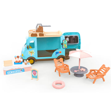 OLEOCA Family Ice Cream Truck Toy - Dessert Food Truck Playset with Cash Register, Chairs & Umbrella, Dollhouse Pretend Play Vehicle, Gift for Kids