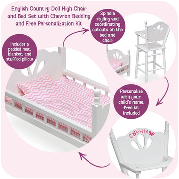 Badger Basket Doll High Chair and Bed Set - Classic Wooden Furniture for 18 Inch Dolls with Chevron Bedding, Spindle Styling, Fixed Tray and Pillow