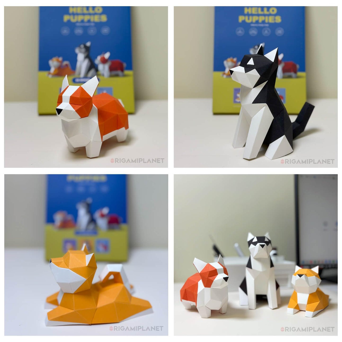 ORIGAMIPLANET Hello Puppies 3D Origami Paper Craft Gift Set- 3 pcs, Husky/Corgi/Shiba Inu Pre-Cut Origami Kit, Cute Animal Paper Sculpture for Teens