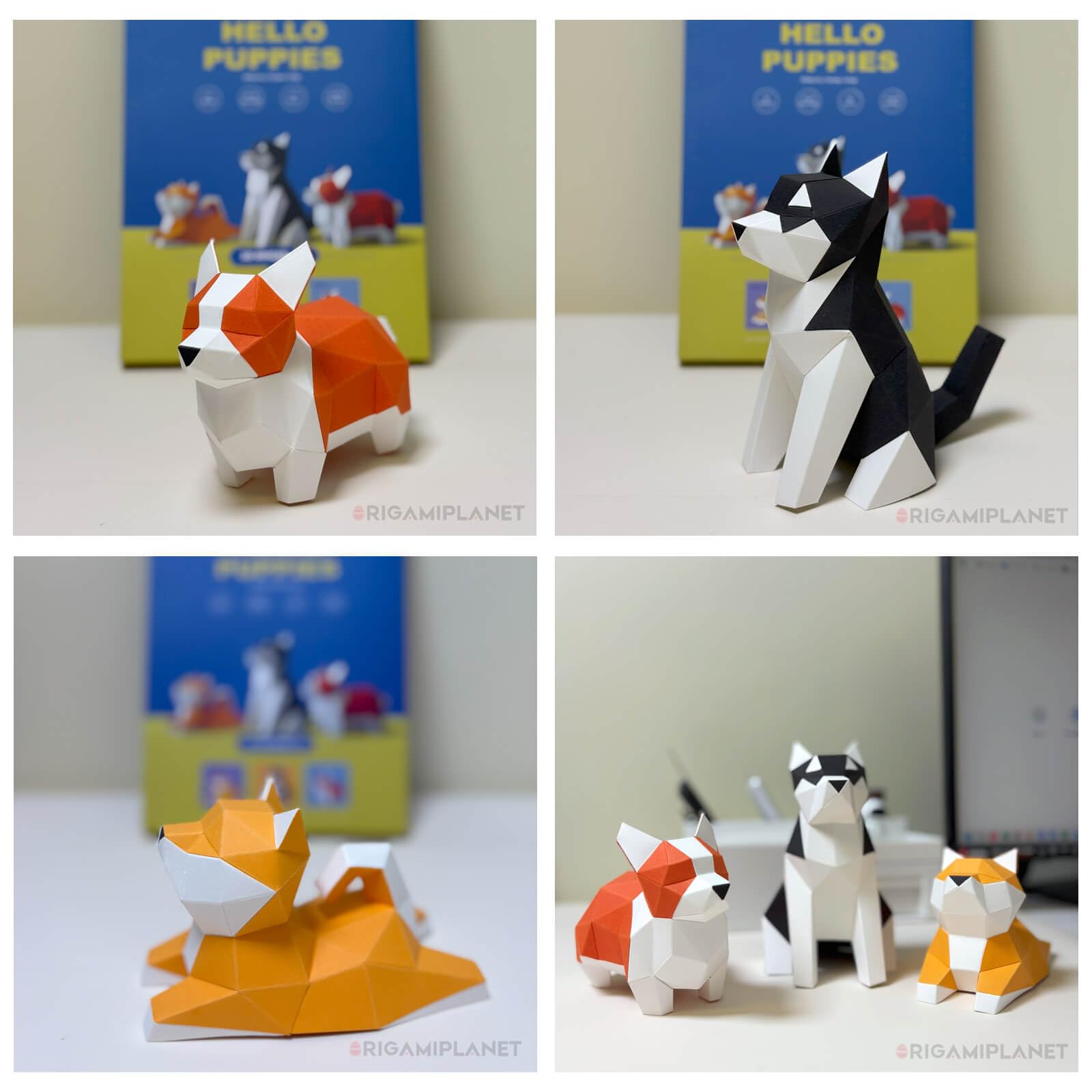 ORIGAMIPLANET Hello Puppies 3D Origami Paper Craft Gift Set- 3 pcs, Husky/Corgi/Shiba Inu Pre-Cut Origami Kit, Cute Animal Paper Sculpture for Teens