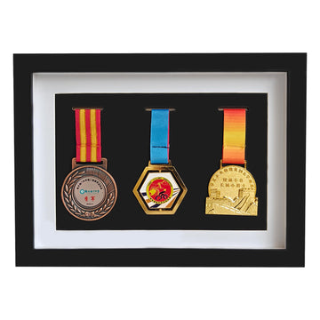 Solid Wood Medal Box,Wooden Display Case for Medals and Badges of Honour?Marathon Medal Storage Box,War Military Three Medal in Black Frame,3D Deep