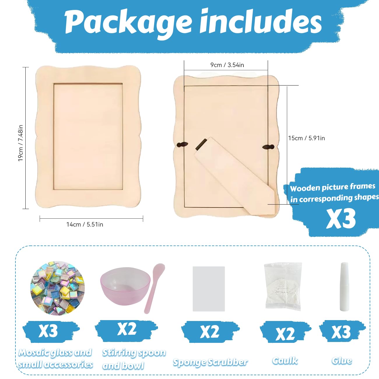 A&H Zier Decorate Your Own Mosaic Picture Frame Kit - 3 Pack DIY Arts & Crafts for Kids Ages 8-12, Valentines Day Gifts for Girls, 5x7 & 4x6 Photo