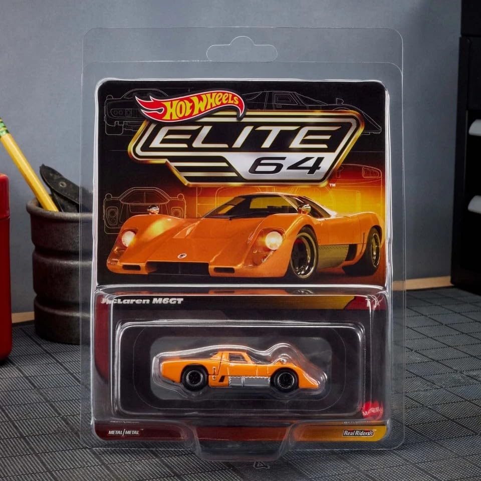 Hot Wheels Elite 64 McLaren M6GT 1:64 Die-Cast Collectible Model Car - McLaren Orange with Opening Rear Engine & Real Riders™ Wheels - Mattel