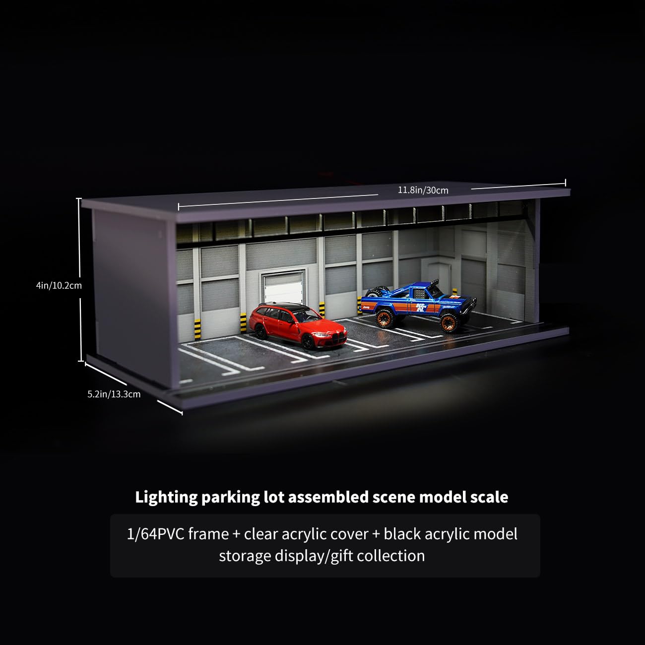 1/64 Diorama Display Case with LED Lights, Model Car Display and Storage, Compatible with Hot-Wheels Match-Box Mini GT Diecast Cars, Gift for Men