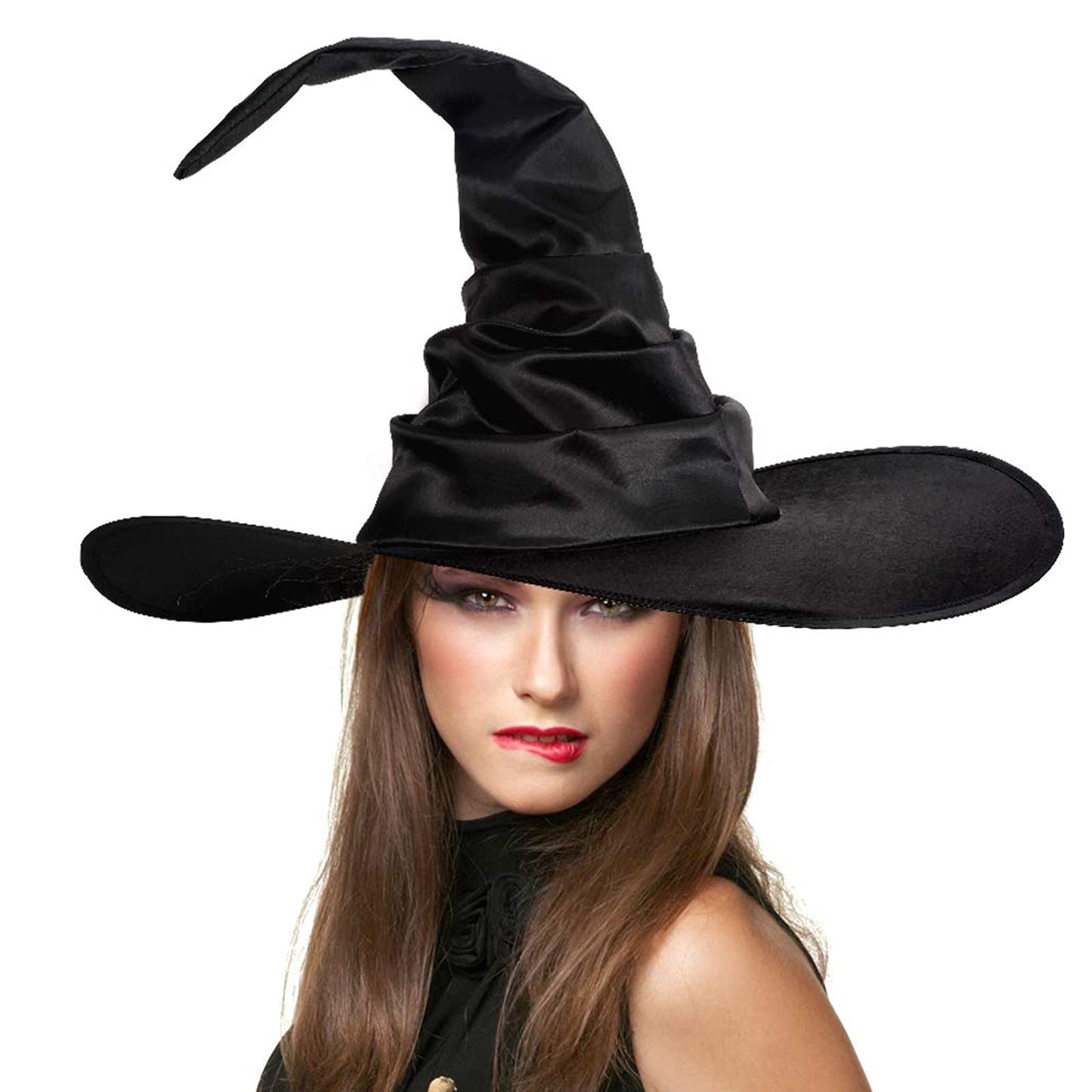 Wrrkayly Halloween Witch Hat for Women Men Feather Witch Spire Wizard Hats Lace Halloween Costume Girl Cosplay Party Dress Up Props (Black Folds Style
