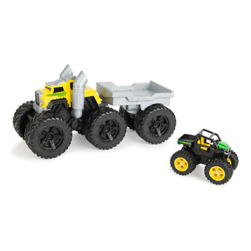 TOMY Monster Treads John Deere Roaring Rev Up Hauler Monster Truck Toy Set - Includes Monster Truck, Trailer, and John Deere Gator - Construction Toys