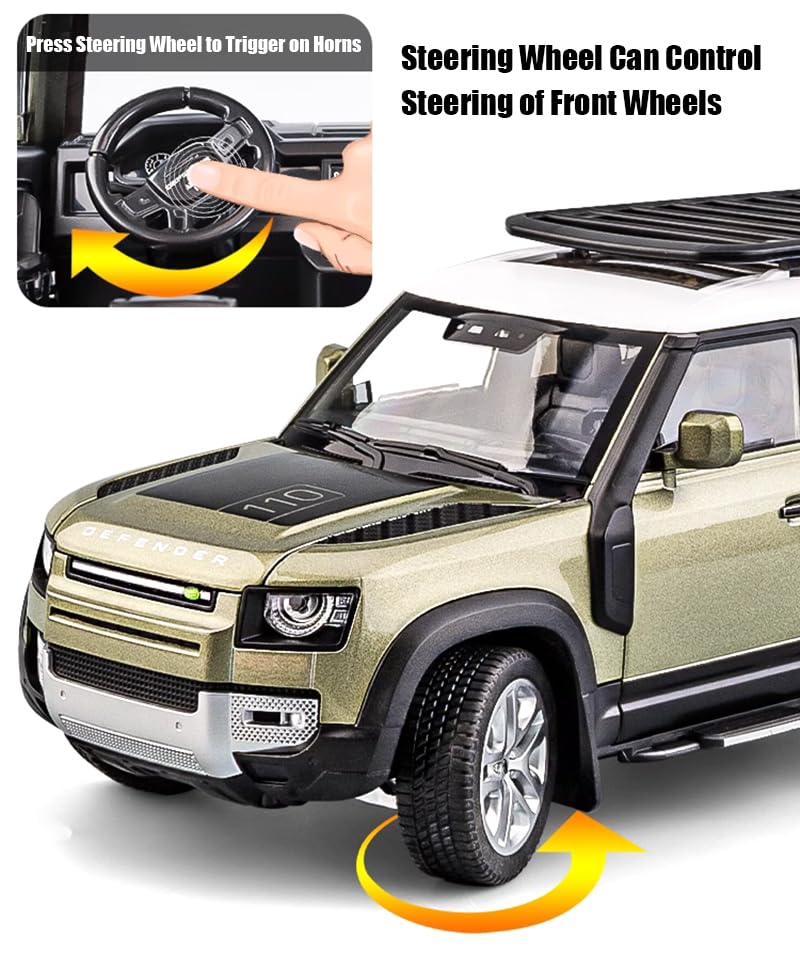 1/18 Scale Metal Alloy Diecast Vehicle Model Car Toy Collectible Model Truck for Land Rover Defender 110,with Sound Light Toys,Home Decorate, Green