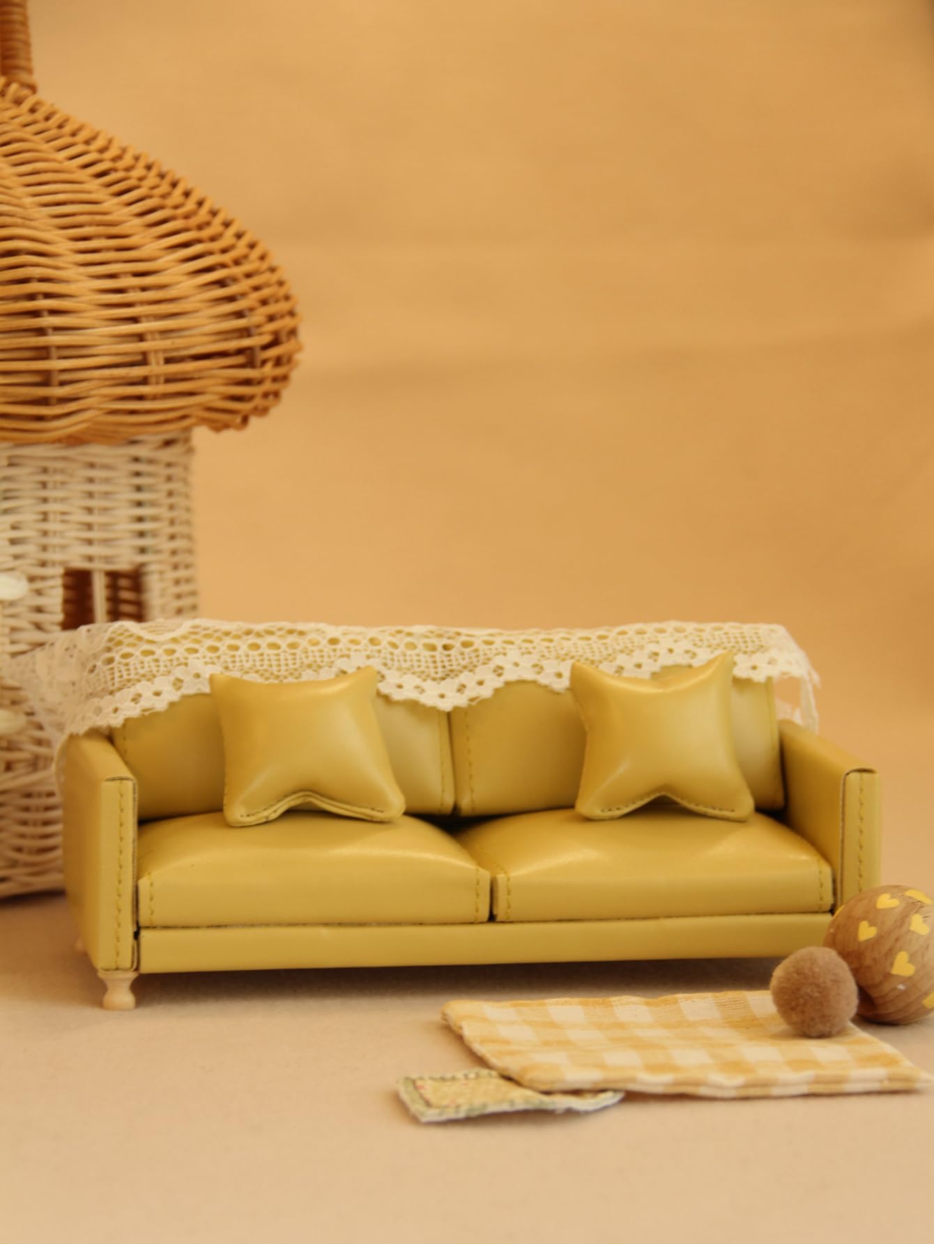 Funky Mini House Miniature Dollhouse Leather Couch -1:12 Scale Mini Sofa Furniture Set with Cushions Fit 3 to 6 inches Doll Figure 1/12 Scale