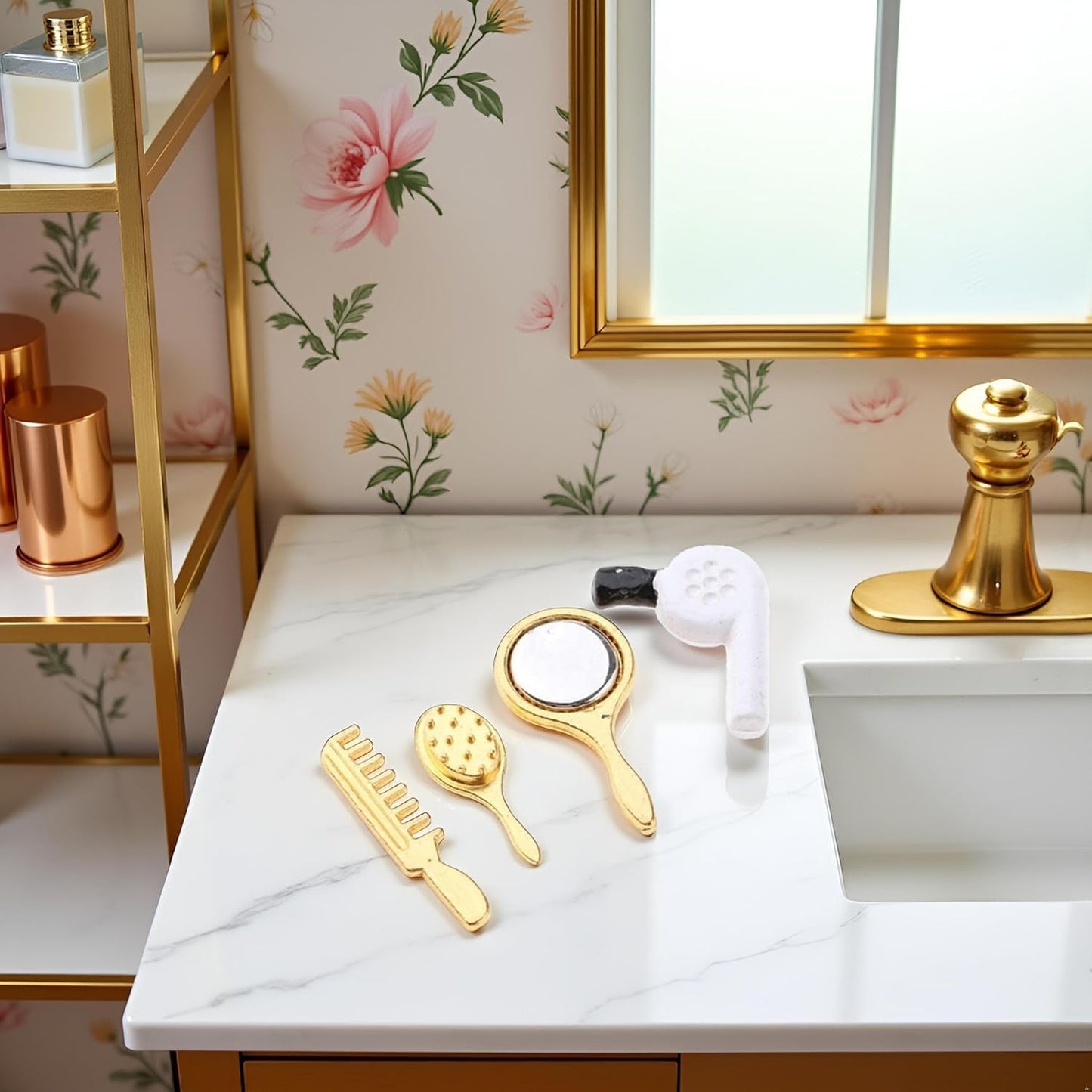 4 Pcs Miniature Bathroom Set with Hair Dryer, Accessories 1:12 Scale Bathroom Comb Mirror Hair Dryer Brush,Furniture Accessories