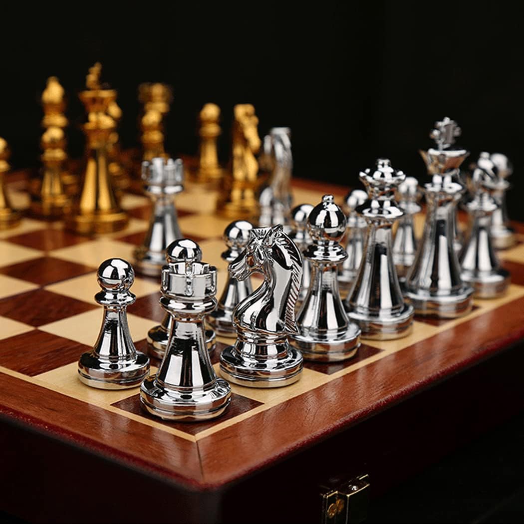 11Inch Large Deluxe Metal Chess Set - Portable Wooden Box with Alloy Pieces, Folding Board, Ideal for Adults