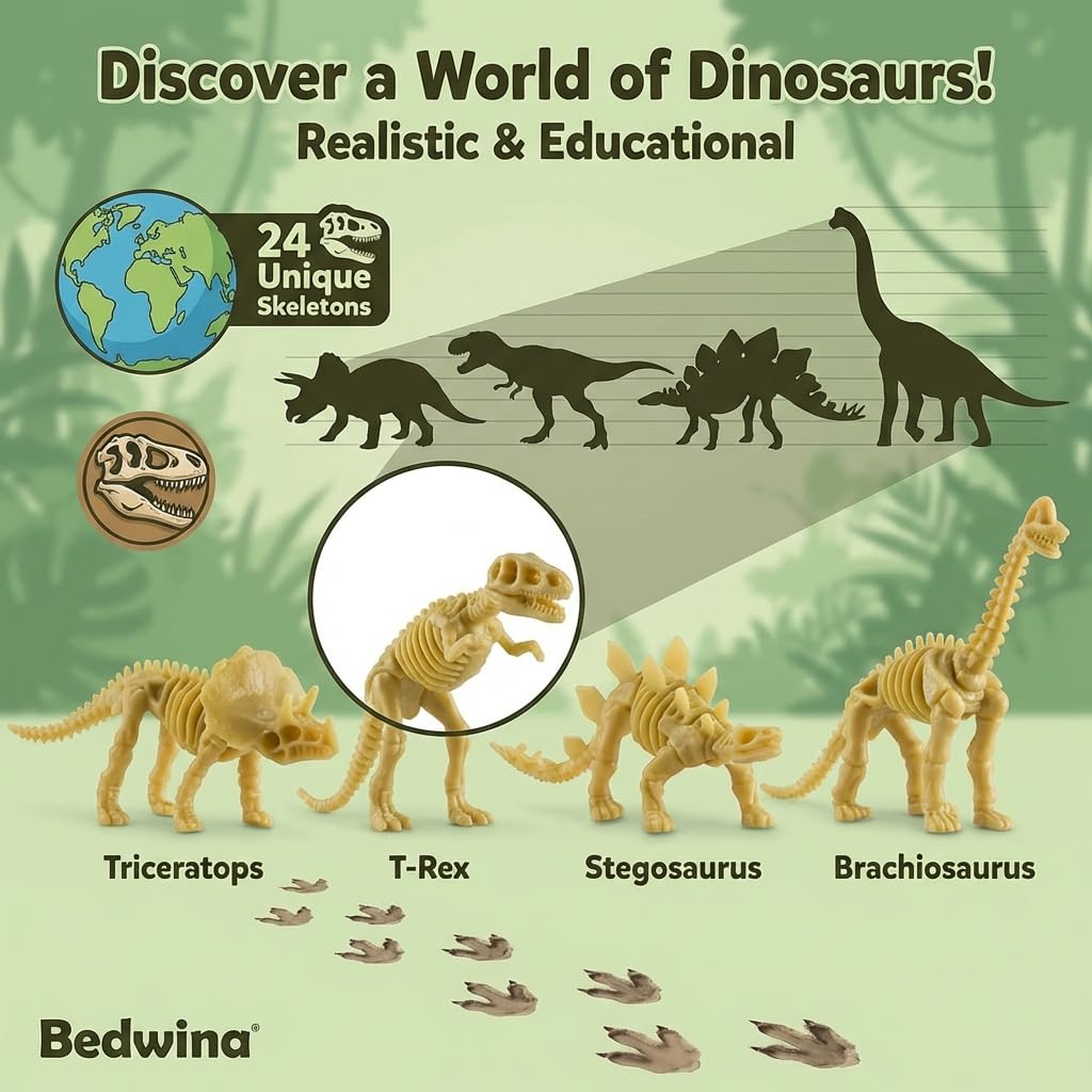 Bedwina Dinosaur Fossil Skeleton - (Pack of 24) 3.7 Inch Assorted Plastic Dino Figure Bones for Kids Science Dig Kit, Digging Sandbox Bins Play Toys